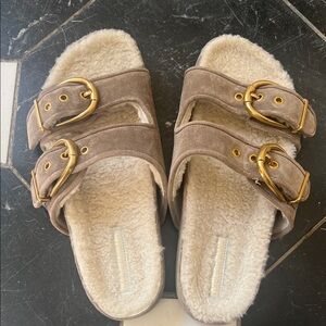 NWT Veronica Beard Tan Flats with Gold Buckles